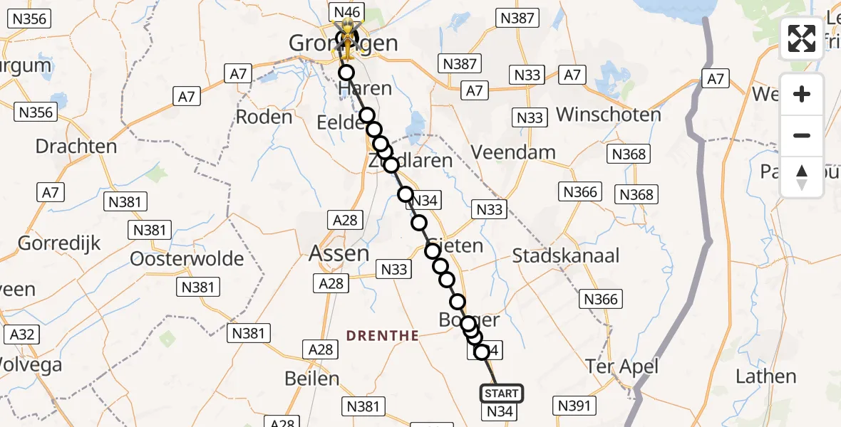 Vluchtroute Traumahelikopter van Odoorn naar Universitair Medisch Centrum Groningen