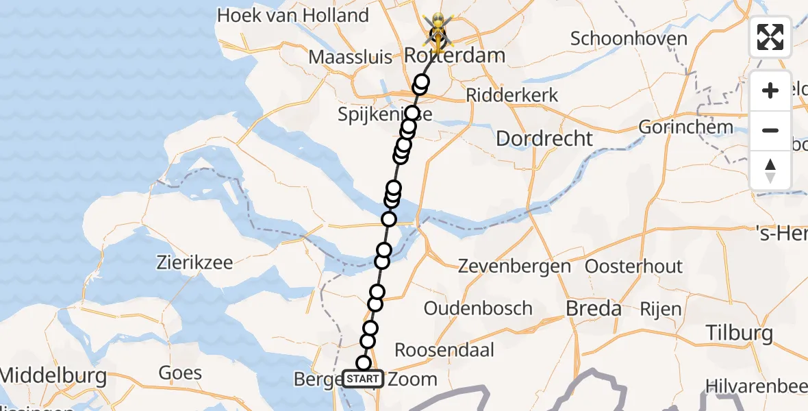 Vluchtroute Traumahelikopter van Bergen op Zoom naar Rotterdam The Hague Airport