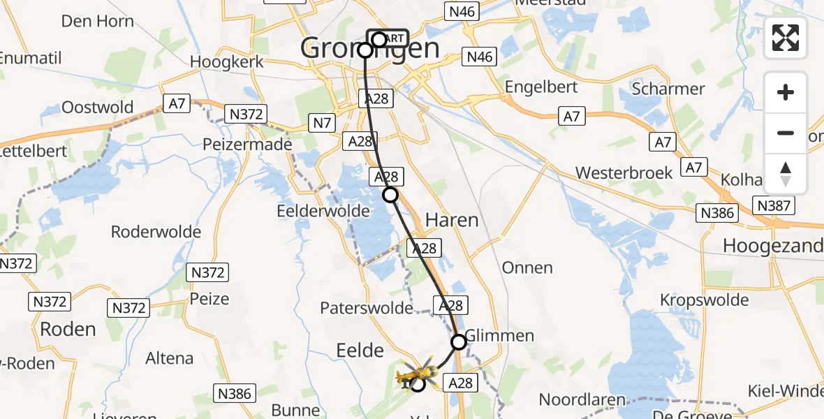 Vluchtroute Traumahelikopter van Universitair Medisch Centrum Groningen naar Groningen Airport Eelde