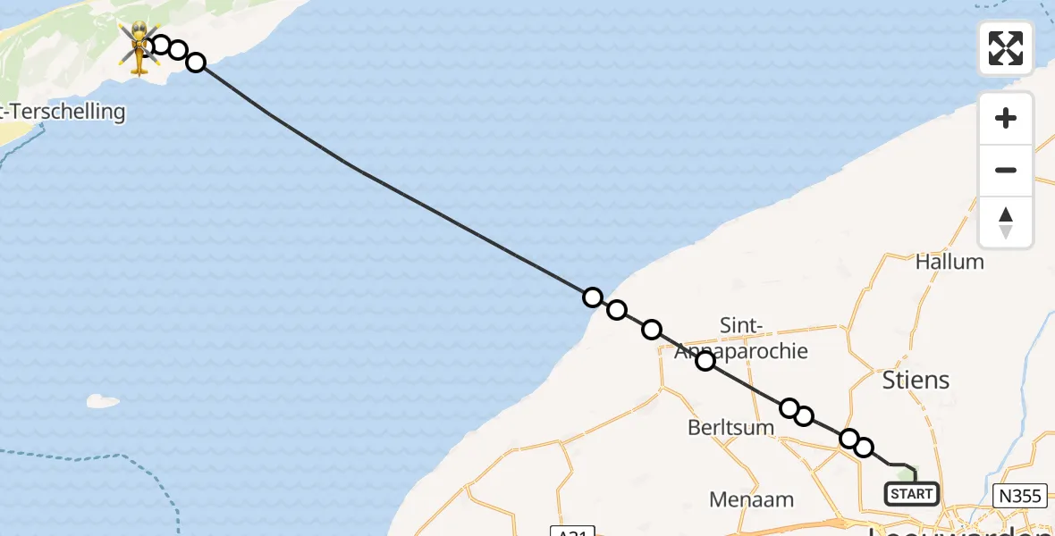 Vluchtroute Ambulancehelikopter van Vliegbasis Leeuwarden naar Terschelling Heliport