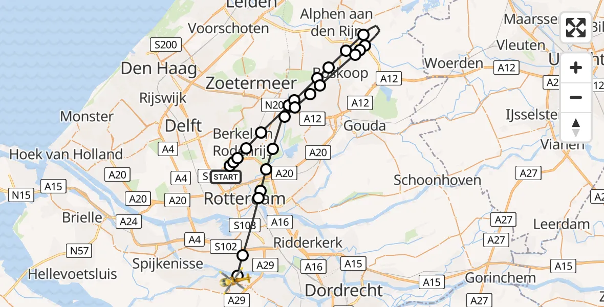 Vluchtroute Traumahelikopter van Rotterdam The Hague Airport naar Heinenoord