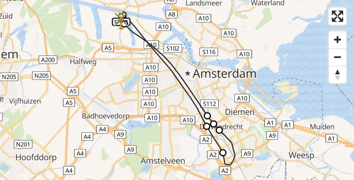 Vluchtroute Traumahelikopter van Amsterdam Heliport naar Amsterdam Heliport
