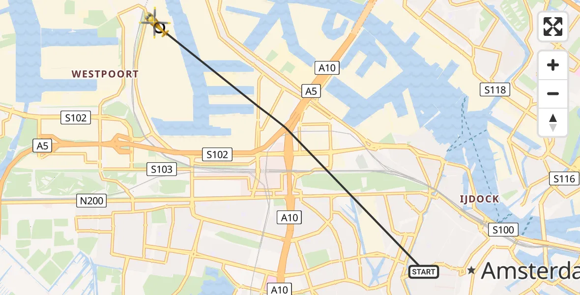 Vluchtroute Traumahelikopter van Amsterdam naar Amsterdam Heliport