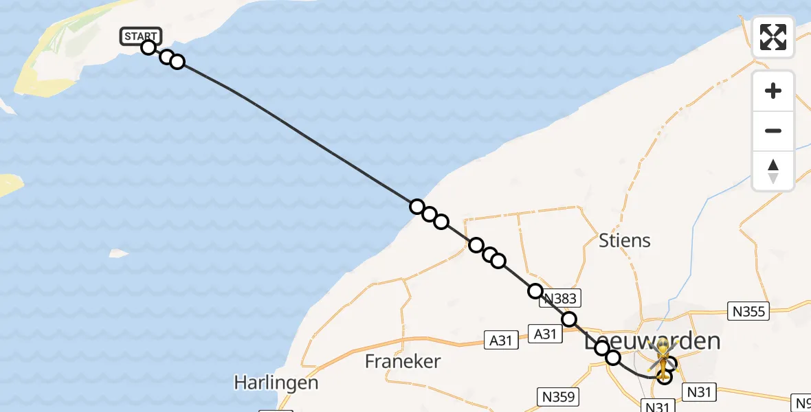 Vluchtroute Ambulancehelikopter van Terschelling Heliport naar Leeuwarden Medical Center Heliport