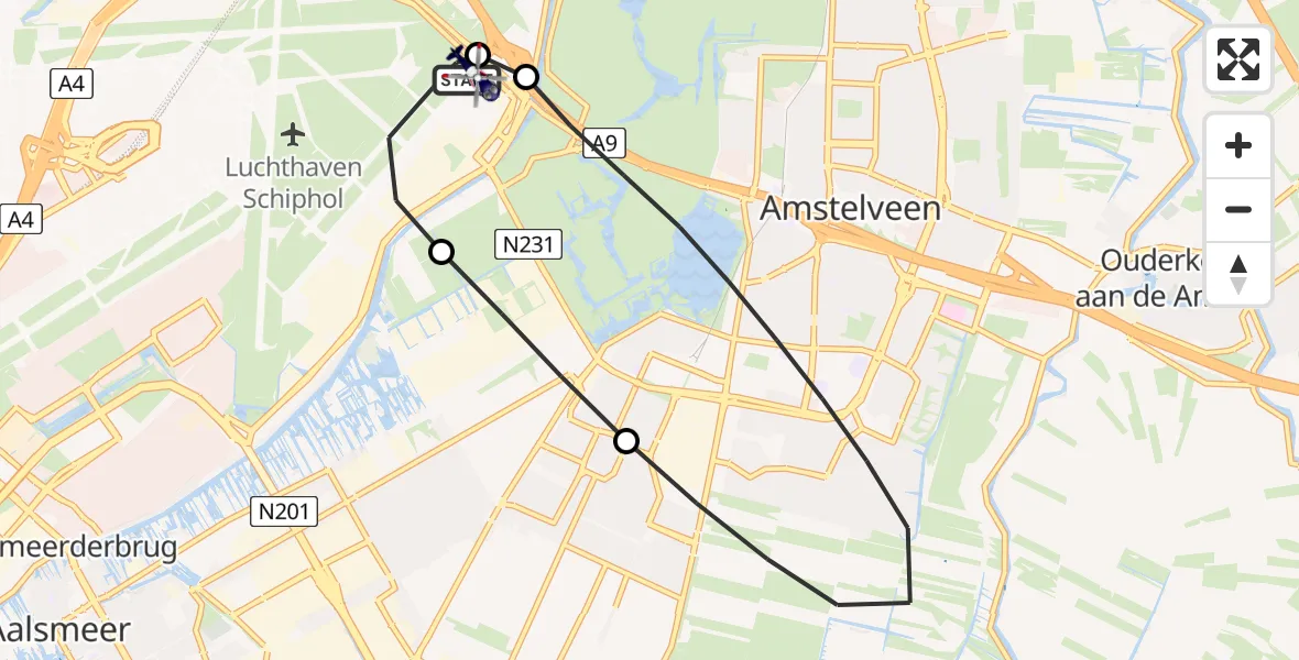 Vluchtroute Politiehelikopter van Amsterdam Vliegveld Schiphol naar Amsterdam Vliegveld Schiphol