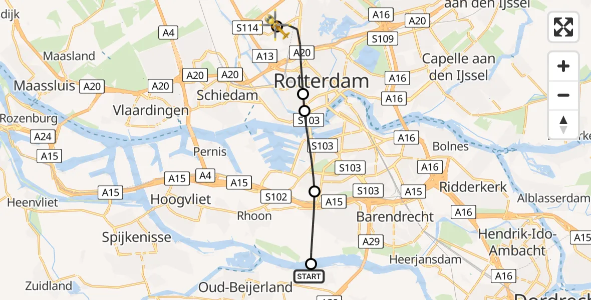 Vluchtroute Traumahelikopter van Heinenoord naar Rotterdam The Hague Airport