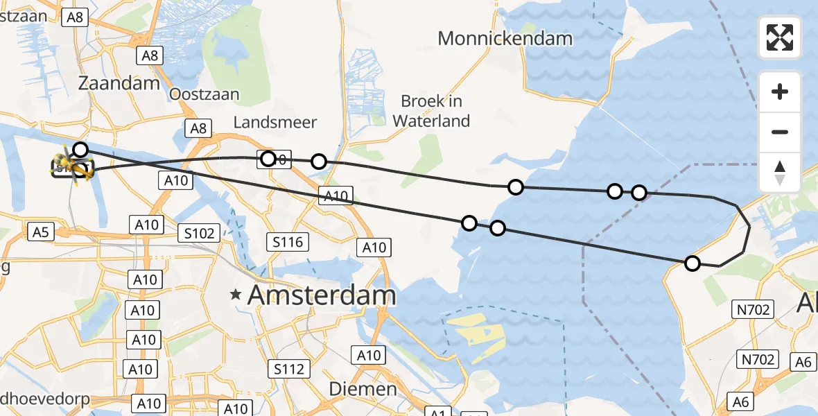 Vluchtroute Traumahelikopter van Amsterdam Heliport naar Amsterdam Heliport