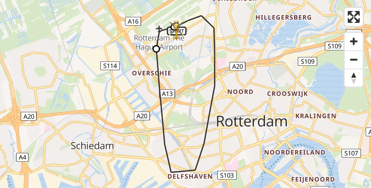 Vluchtroute Traumahelikopter van Rotterdam The Hague Airport naar Rotterdam The Hague Airport