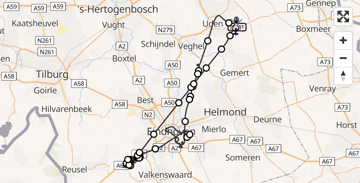 Vluchtroute Politiehelikopter van Vliegbasis Volkel naar Vliegbasis Volkel