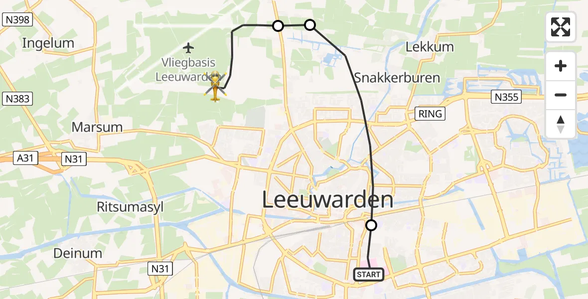 Vluchtroute Ambulancehelikopter van Leeuwarden Medical Center Heliport naar Vliegbasis Leeuwarden