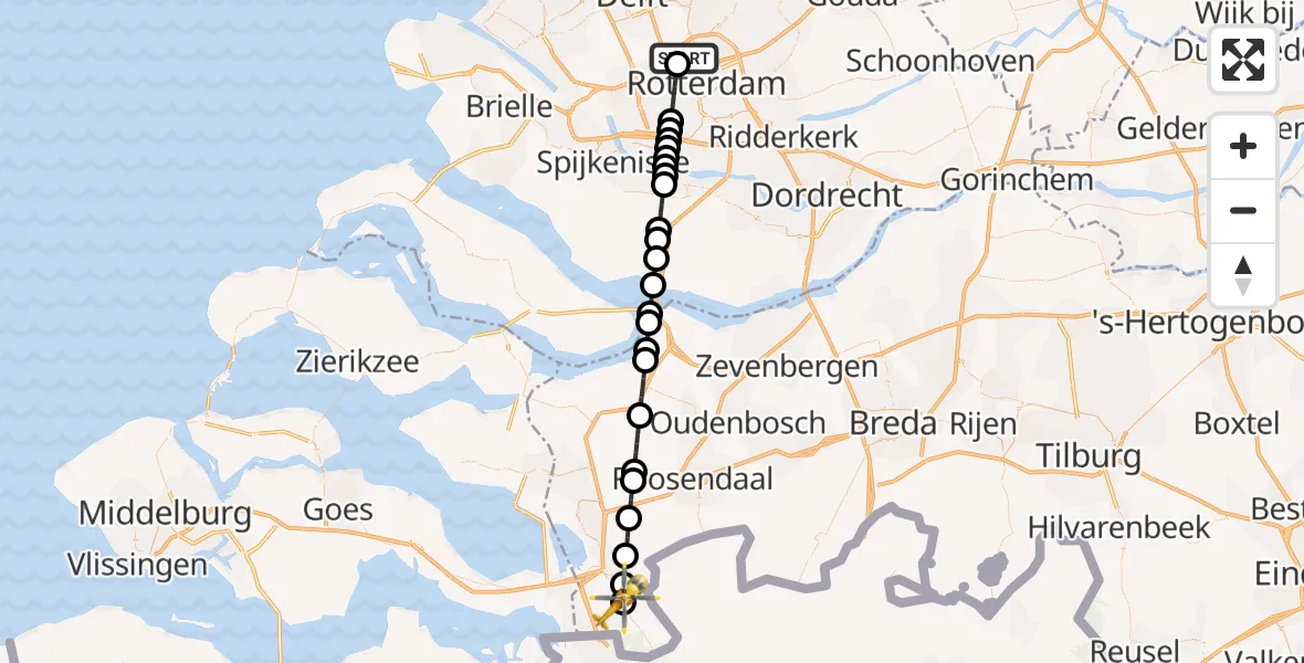 Vluchtroute Traumahelikopter van Rotterdam The Hague Airport naar Ossendrecht