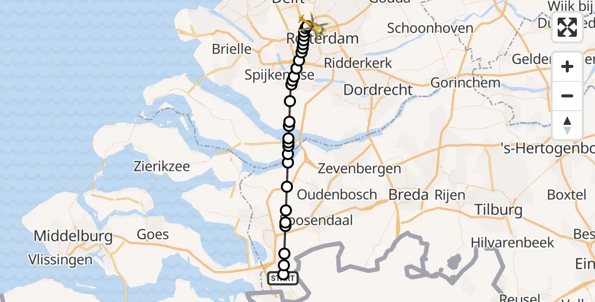 Vluchtroute Traumahelikopter van Ossendrecht naar Rotterdam The Hague Airport