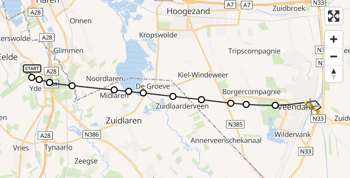 Vluchtroute Traumahelikopter van Groningen Airport Eelde naar Veendam