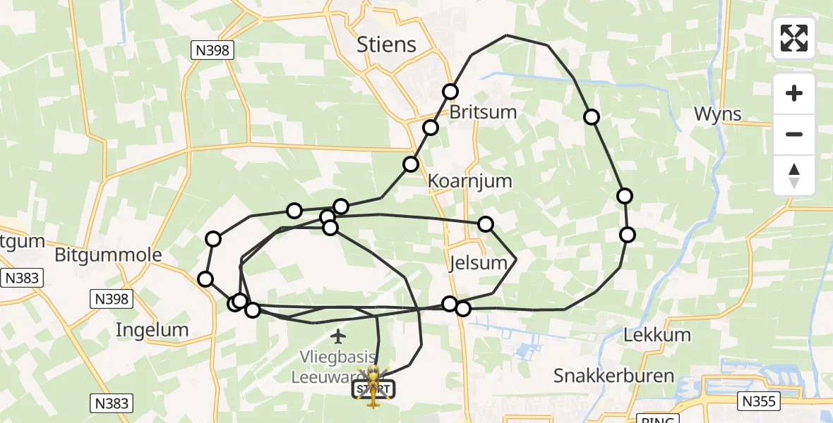 Vluchtroute Ambulancehelikopter van Vliegbasis Leeuwarden naar Vliegbasis Leeuwarden