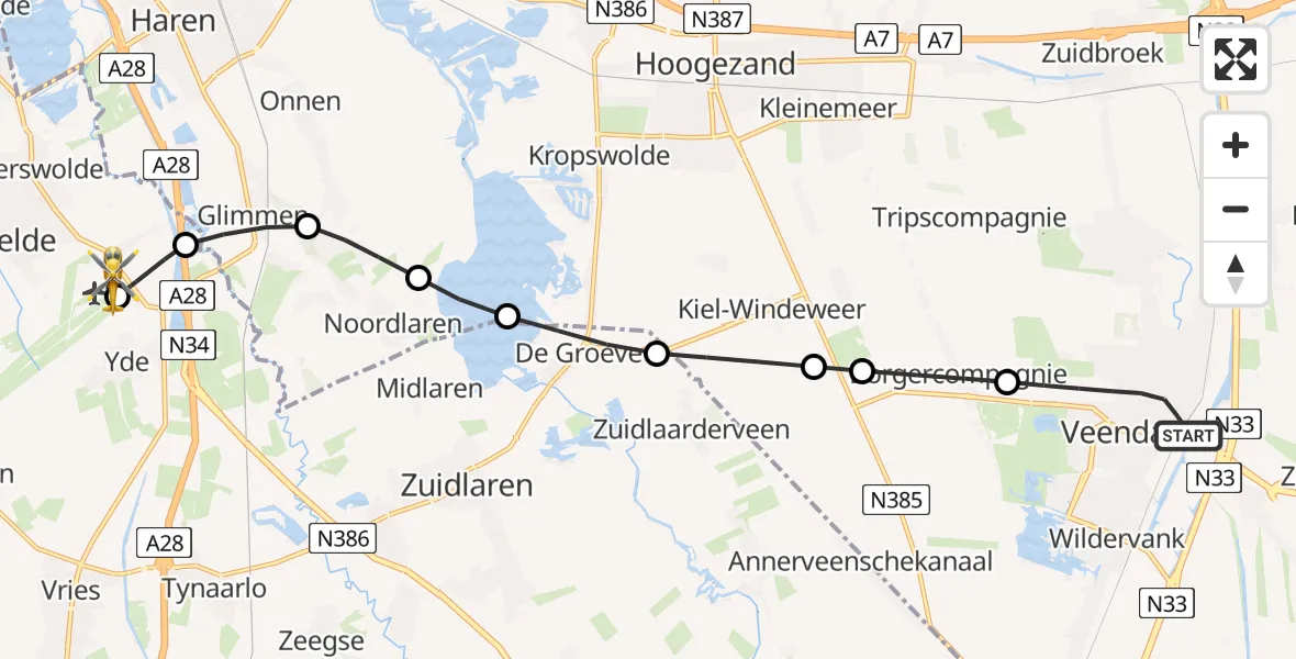 Vluchtroute Traumahelikopter van Veendam naar Groningen Airport Eelde