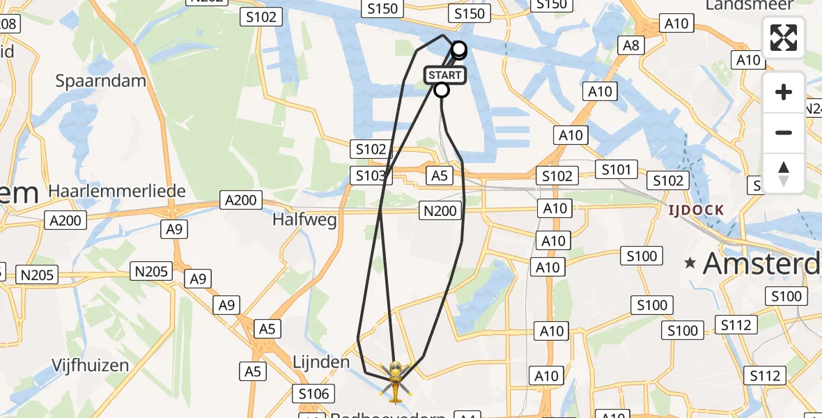 Vluchtroute Traumahelikopter van Amsterdam Heliport naar Amsterdam