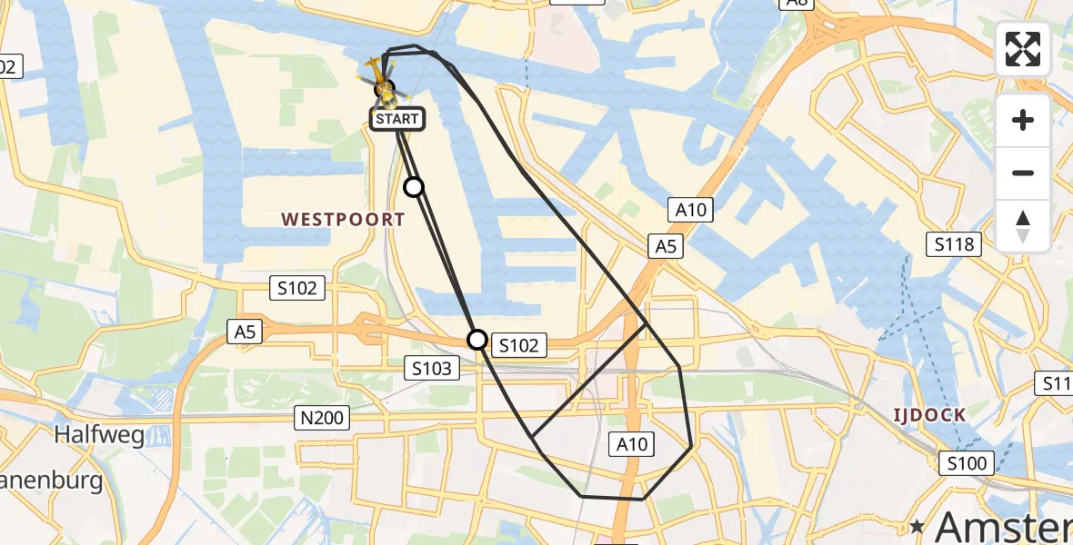 Vluchtroute Traumahelikopter van Amsterdam Heliport naar Amsterdam Heliport