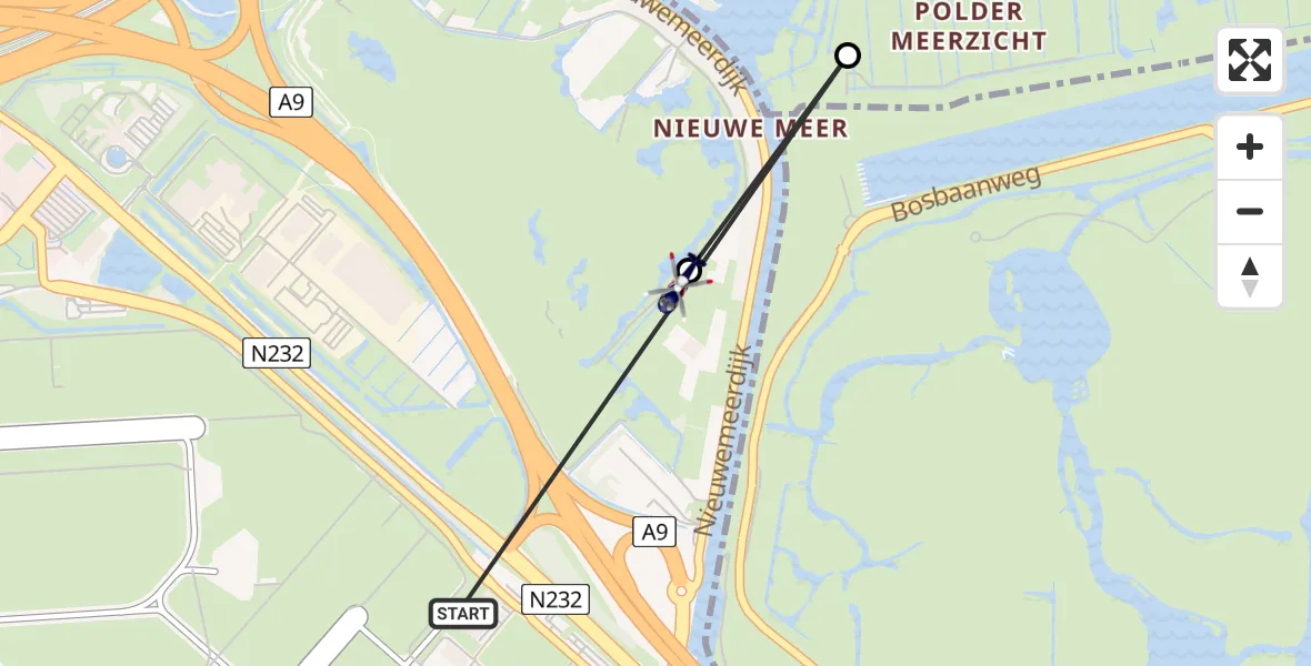 Vluchtroute Politiehelikopter van Amsterdam Vliegveld Schiphol naar Badhoevedorp