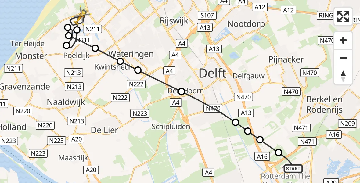 Vluchtroute Traumahelikopter van Rotterdam The Hague Airport naar 's-Gravenhage