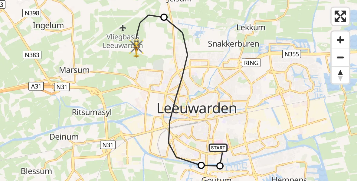 Vluchtroute Ambulancehelikopter van Leeuwarden Medical Center Heliport naar Vliegbasis Leeuwarden