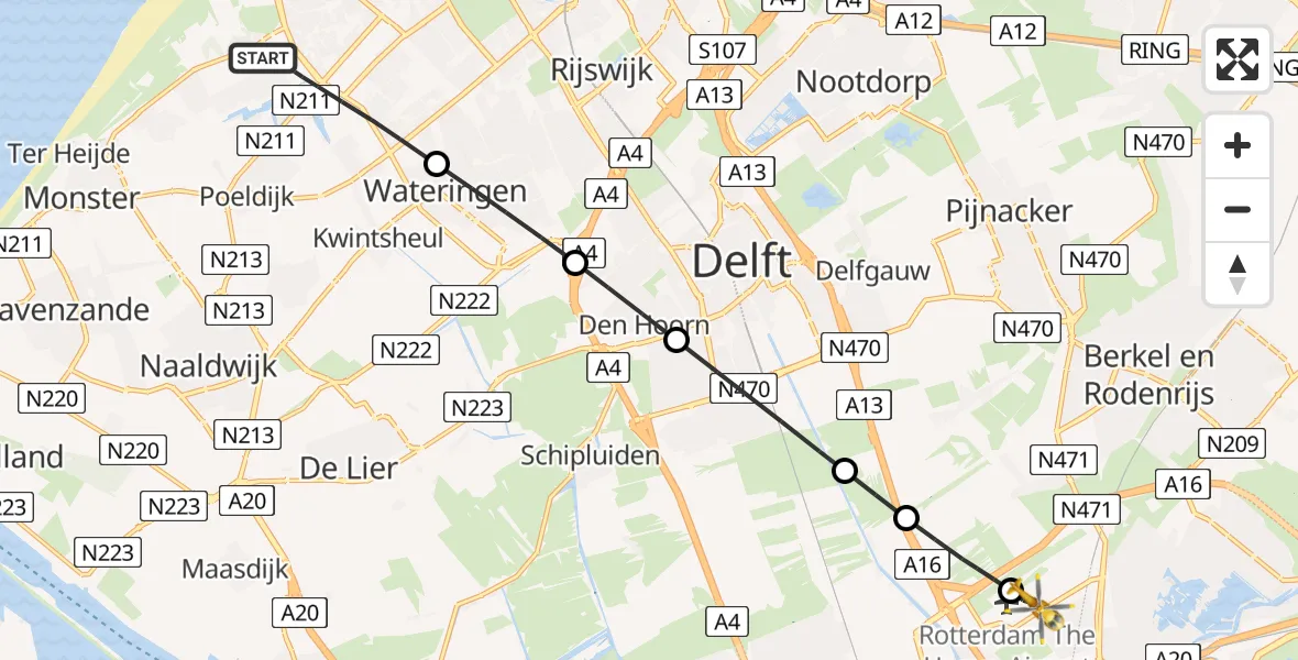 Vluchtroute Traumahelikopter van 's-Gravenhage naar Rotterdam The Hague Airport