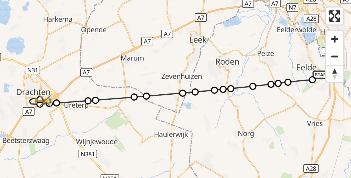 Vluchtroute Traumahelikopter van Groningen Airport Eelde naar Nij Smellinghe Hospital Heliport