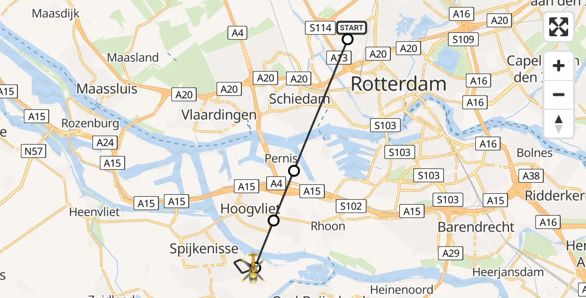 Vluchtroute Traumahelikopter van Rotterdam The Hague Airport naar Spijkenisse