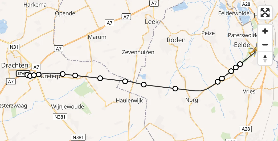 Vluchtroute Traumahelikopter van Nij Smellinghe Hospital Heliport naar Groningen Airport Eelde