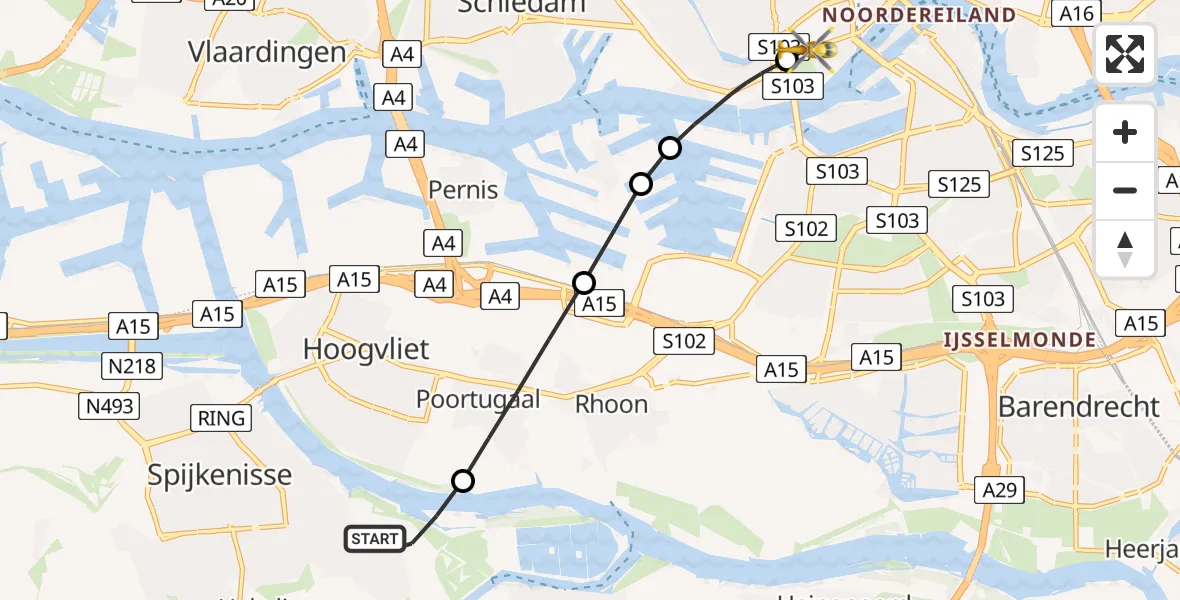 Vluchtroute Traumahelikopter van Spijkenisse naar Erasmus MC