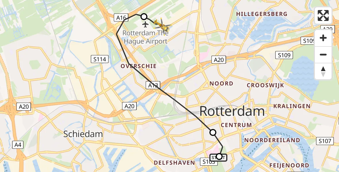 Vluchtroute Traumahelikopter van Erasmus MC naar Rotterdam The Hague Airport