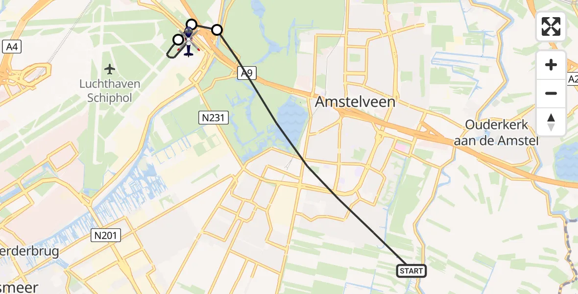 Vluchtroute Politiehelikopter van Amstelveen naar Amsterdam Vliegveld Schiphol