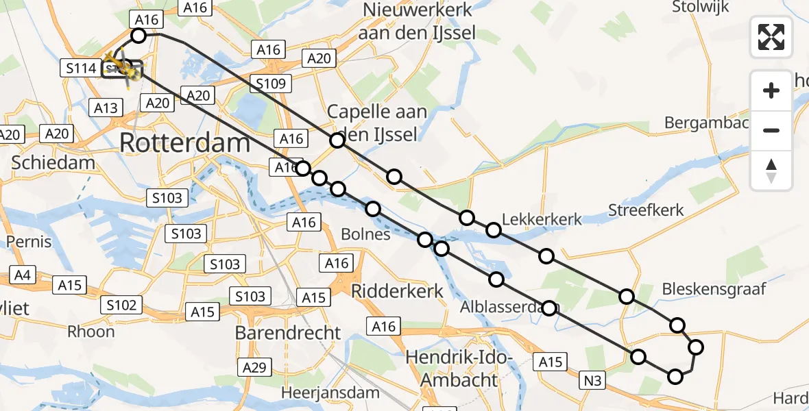 Vluchtroute Traumahelikopter van Rotterdam The Hague Airport naar Rotterdam The Hague Airport