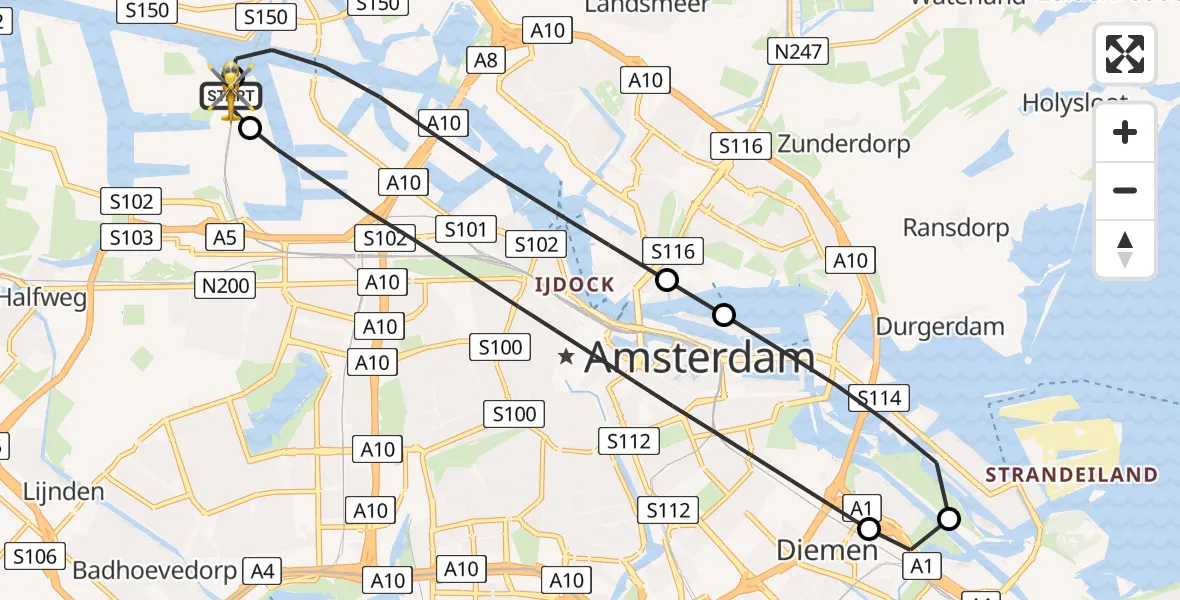 Vluchtroute Traumahelikopter van Amsterdam Heliport naar Amsterdam Heliport