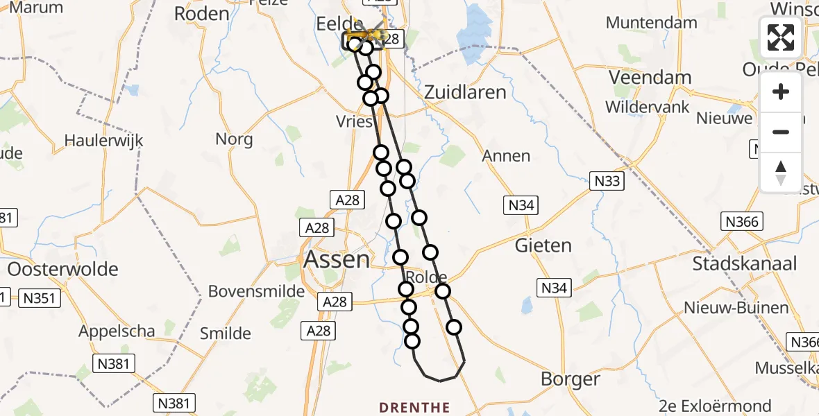 Vluchtroute Traumahelikopter van Groningen Airport Eelde naar Groningen Airport Eelde