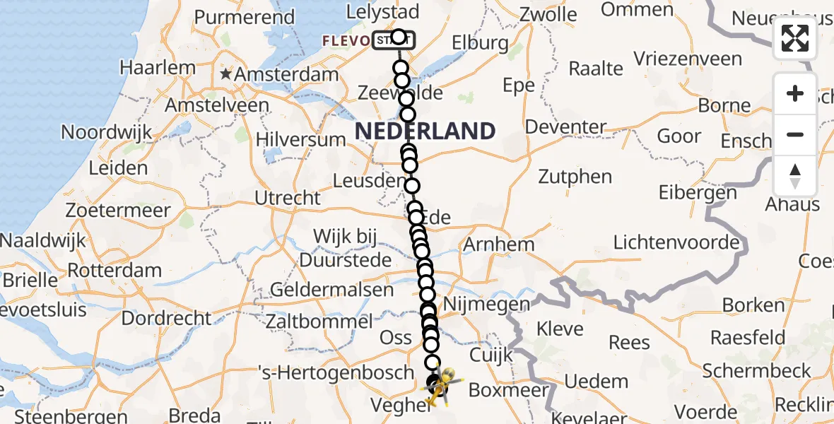 Vluchtroute Traumahelikopter van Lelystad Airport naar Vliegbasis Volkel