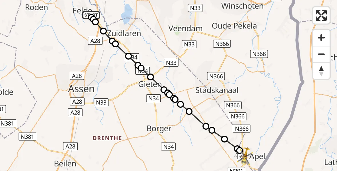 Vluchtroute Traumahelikopter van Groningen Airport Eelde naar Ter Apel