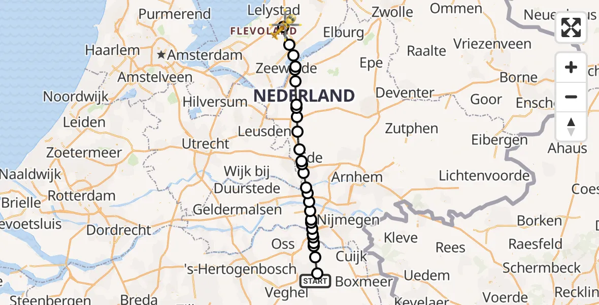 Vluchtroute Traumahelikopter van Vliegbasis Volkel naar Lelystad Airport