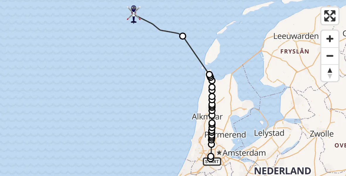 Vluchtroute Politiehelikopter van Amsterdam Vliegveld Schiphol naar Noordzee