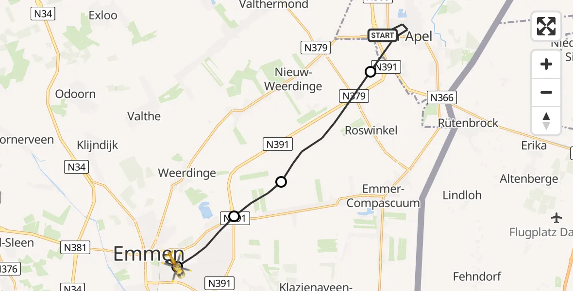 Vluchtroute Traumahelikopter van Ter Apel naar Scheper Ziekenhuis Helipad