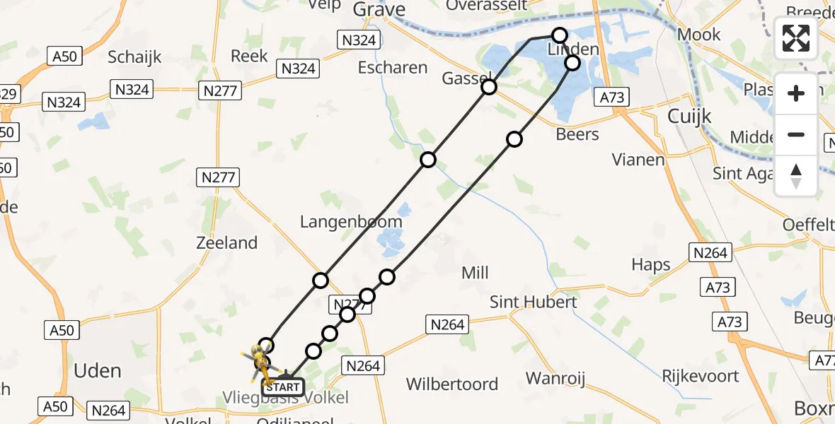 Vluchtroute Traumahelikopter van Vliegbasis Volkel naar Vliegbasis Volkel