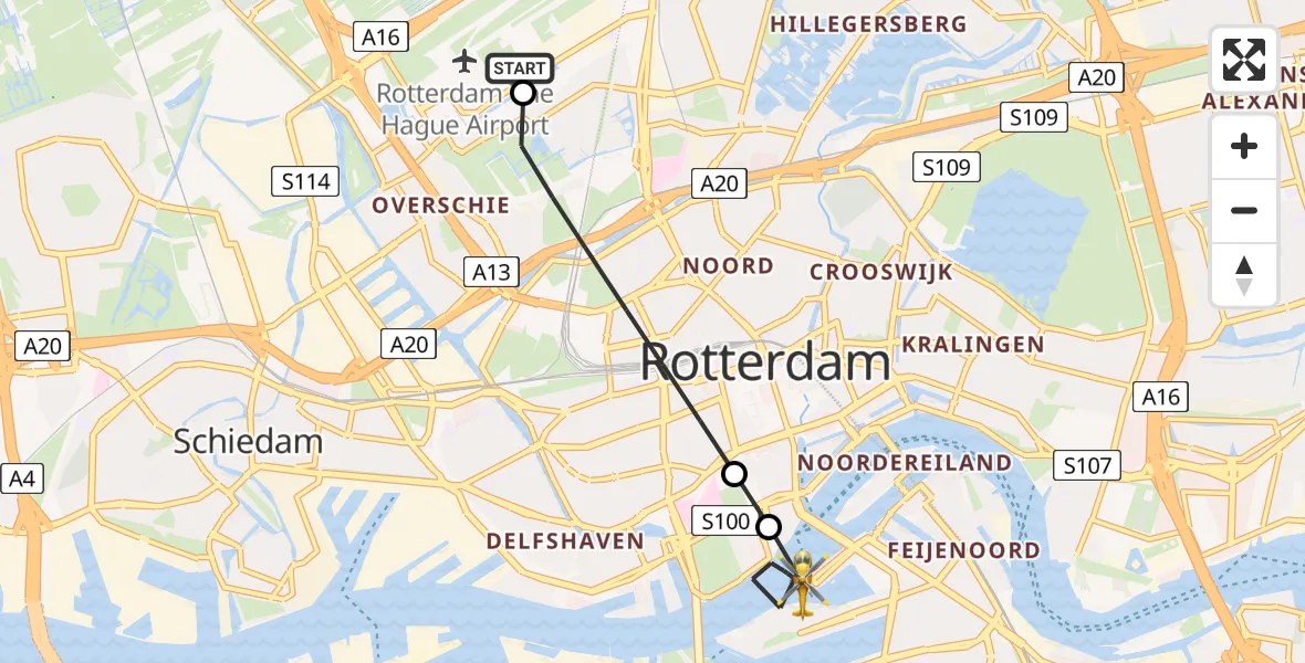 Vluchtroute Traumahelikopter van Rotterdam The Hague Airport naar Rotterdam