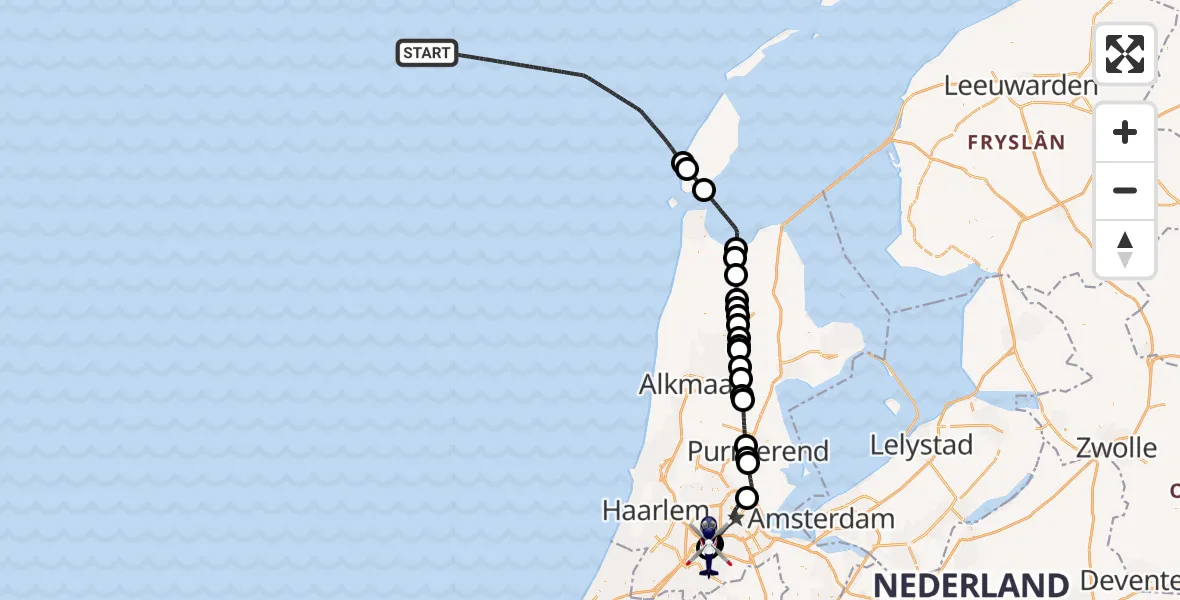 Vluchtroute Politiehelikopter van Noordzee naar Amsterdam Vliegveld Schiphol
