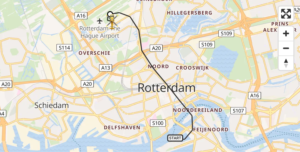 Vluchtroute Traumahelikopter van Rotterdam naar Rotterdam The Hague Airport