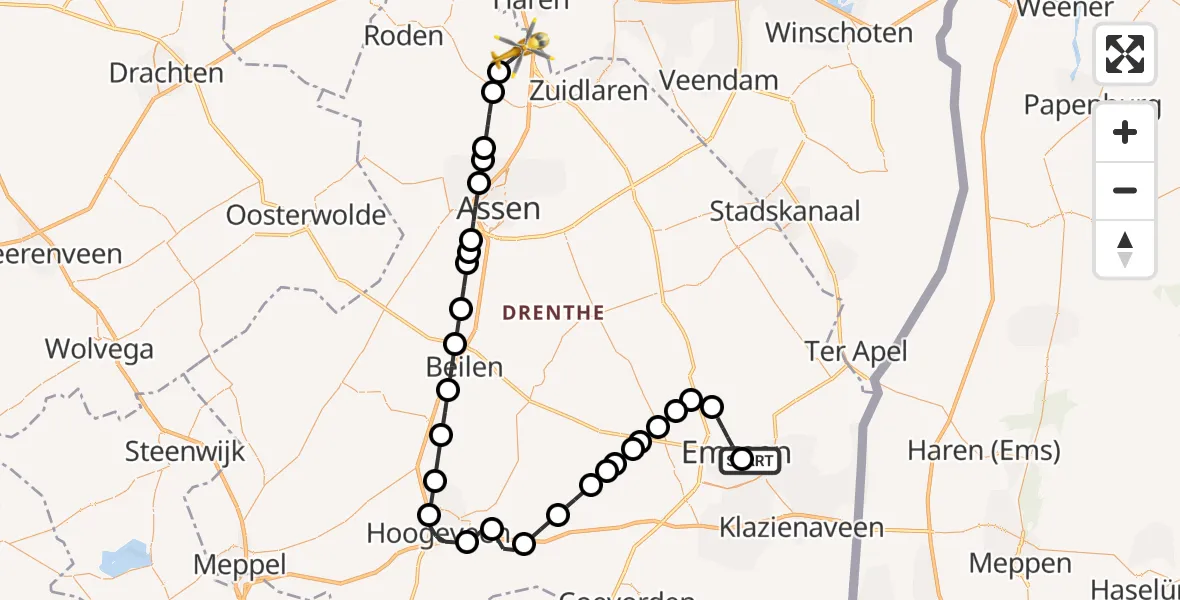 Vluchtroute Traumahelikopter van Scheper Ziekenhuis Helipad naar Groningen Airport Eelde