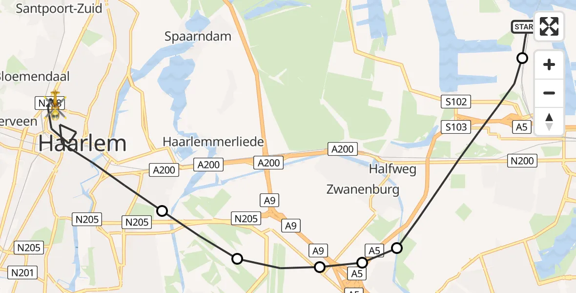 Vluchtroute Traumahelikopter van Amsterdam Heliport naar Haarlem