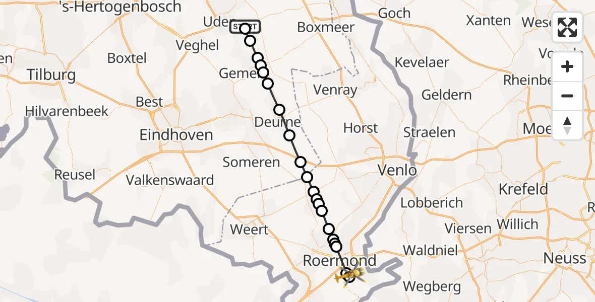 Vluchtroute Traumahelikopter van Vliegbasis Volkel naar Roermond