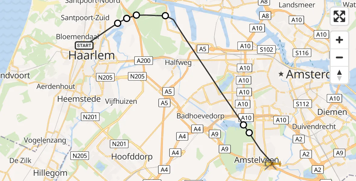 Vluchtroute Traumahelikopter van Haarlem naar Amstelveen