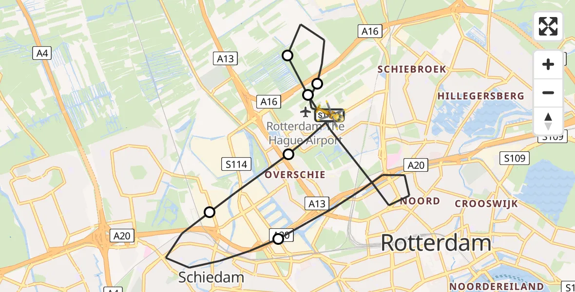 Vluchtroute Traumahelikopter van Rotterdam The Hague Airport naar Rotterdam The Hague Airport