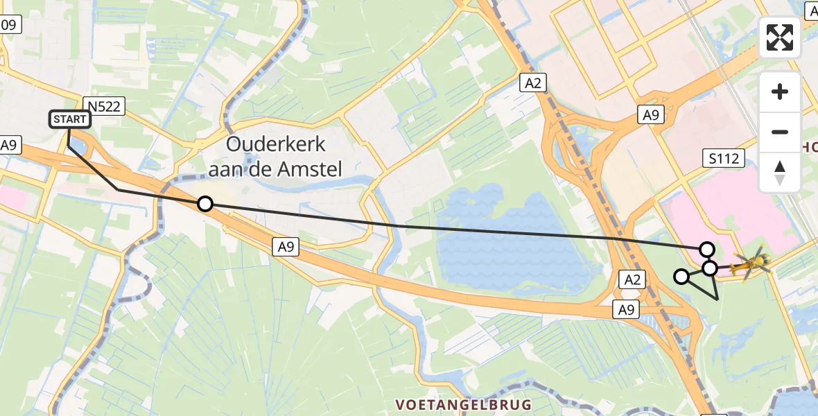Vluchtroute Traumahelikopter van Amstelveen naar Amsterdam UMC Helipad