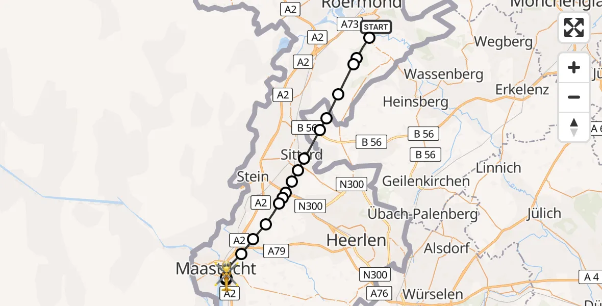 Vluchtroute Traumahelikopter van Melick naar Maastricht
